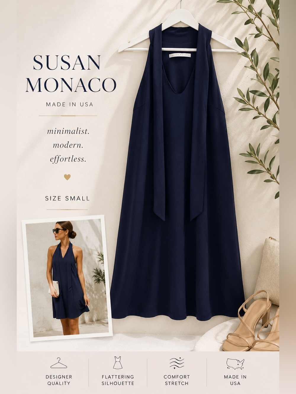 Susan Monaco Navy Blue Sleeveless Halter Shift Dress S Minimalist Quiet Luxury